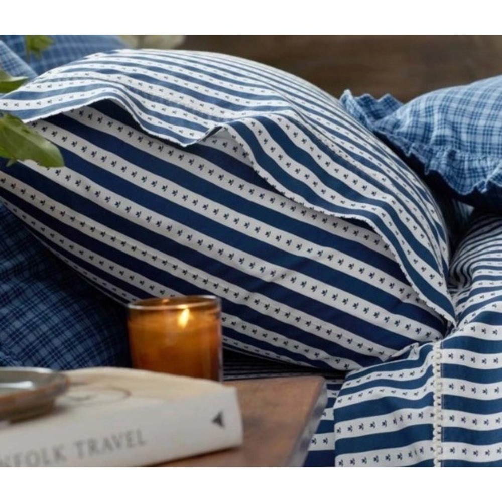 The Company Store Cotton Percale Standard Pillowcase Blue Striped Floral Set